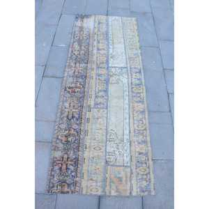 Alfombra Turca Vintage de 2.6x6.6 pies, Alfombra de Pasillo Azul y Marrón con Diseño de Patchwork, Alfombra de Lana con Respaldo de Látex, Ecológica - Product Image 1