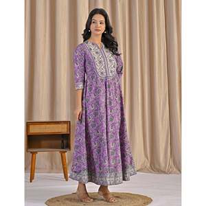 Vestido Anarkali de Algodón Estampado a Mano en Gris Púrpura, Sari Indio para Fiestas con Bordado a Mano - Product Image 6