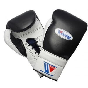 ถุงมือชกมวยแบบผูกเชือก Winning สีดำขาว หนังแท้คุณภาพพรีเมียม สำหรับการฝึกซ้อมและการแข่งขัน ขนาด 8oz 10oz 12oz - Product Image 1
