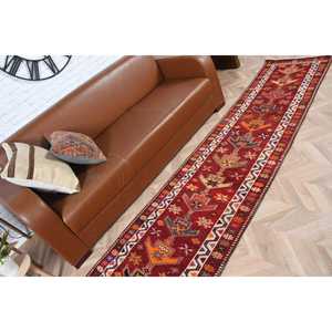 Alfombra Turca Vintage de 2.7x12.9 pies (82x394 cm), Alfombra Herki Roja Naranja con Plantas y Árboles - Product Image 4