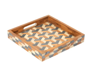 Bandeja para servir de madera con estampado geométrico marrón y gris - Product Image 2