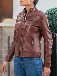 Veste en cuir satiné pour femme, automne-hiver, avec fermeture éclair, col rabattu basique, respirante et tannée à un prix avantageux - Product Image 2