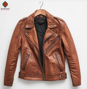 Distressed <b>Brown</b> Synthetic Leather Winter Biker Jacket Vintage Style Zipper Mandarin Collar Solid Moto Coat - Product Image 1