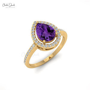 14K Solid <b>Gold</b> Halo Engagement <b>Ring</b> White Diamond <b>Amethyst</b> 8x6mm Pear Gemstone Pearl Fine Jewelry New Collection Wedding Gift - Product Image 1