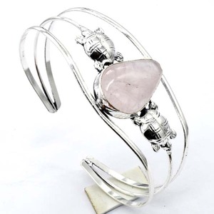 925 plata esterlina ajustable hecho a mano cuarzo rosa piedra preciosa moda brazalete Original diseño antiguo pulsera gruesa joyería - Product Image 1