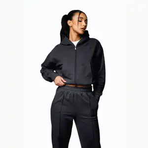 Sweat à capuche pour femme Dark Pewter Shadow Loopback FZ Full Zip Cropped Washed Finish Respirant 65% Cotton 35% Polyester
