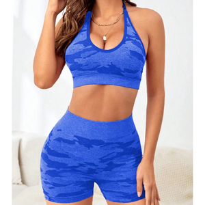 Ensemble de sport 2 pièces Tie-Dyed Short de yoga taille haute et soutien-gorge de sport à dos nu, ensemble fitness, grande taille, motif uni - Product Image 4