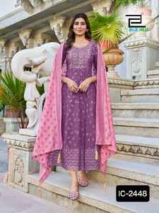 Estilo indio y pakistaní Georgette bordado trabajo Kurti Palazzo Sky Party Wear Set conjuntos de mujer con Fancy Chanderi Dupatta - Product Image 3