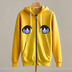 Sudadera con Capucha y Cierre de Cremallera con Estampado de Ojos de Dibujos Animados Amarillos para Hombre, Corte Regular Informal, Tejido de Poliéster, Ropa de Otoño - Product Image 5