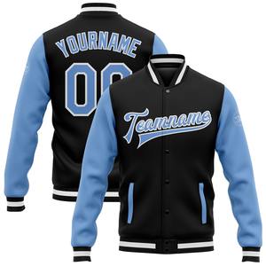 Vente en gros dans l'industrie directe Bomber décontracté hiver personnalisé noir bleu clair-blanc veste bicolore Varsity Letterman Full-Snap - Product Image 1