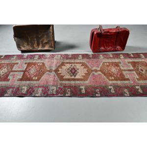 3.1x10.7 ft Rug, Vintage Turkish Rug, <b>Red</b> Herki <b>Wool</b> Rug - Product Image 3