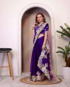 <b>Purple</b> Color Indian Designer Soft Silk <b>Saree</b> Wedding wear and Party Wear <b>Saree</b>, Embroidery Work <b>Saree</b>, Wedding Wear <b>Saree</b>. - Product Image 3