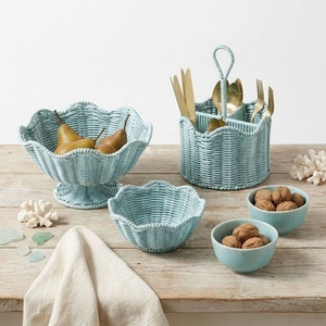 Juego de Tazones de Ratán Azul Claro, Cesta para Servir con Borde Festoneado, Porta Utensilios, Cestas de Almacenamiento de Cocina Hechas a Mano - Product Image 1