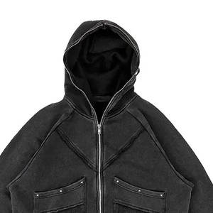 OEM personalizado de los hombres de la cremallera completa sudaderas con capucha parche bolsillo 3D patrón bordado Logo mangas lavadas peso 500 GSM polar invierno - Product Image 1