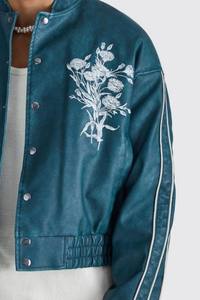 Chaqueta de moto de cuero a rayas bordadas con dobladillo elástico recortada de talla grande para invierno de fabricante de fábrica Unisex - Product Image 4