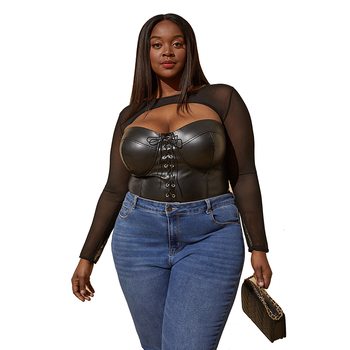 Leather bustier top plus size bodysuit with sexy cutout at bodice