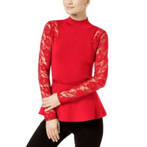 INC International Concepts Top Peplum rosso da donna taglia 0X con maniche in pizzo e collo a lupetto, camicette e camicie - Product Image 1