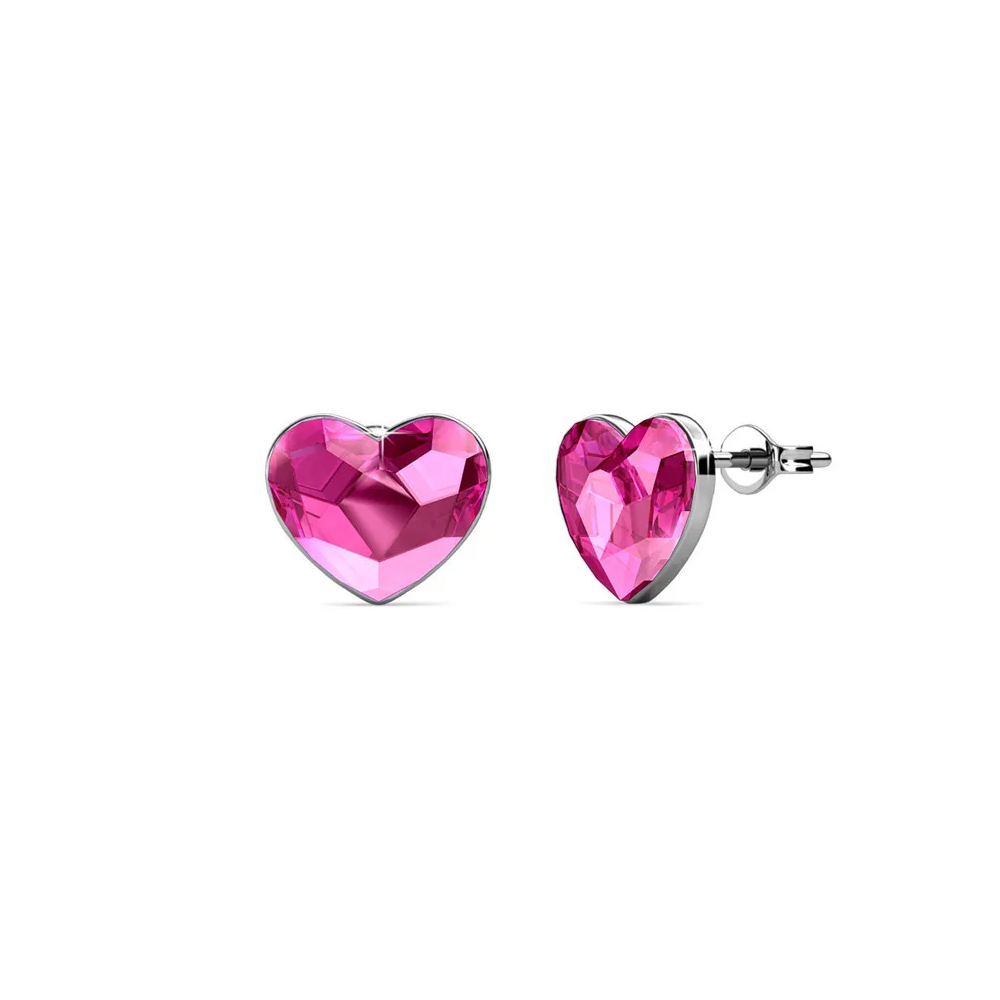 Brass With 18k WG Plated Bright Pink Heart Crystal Stud Earrings