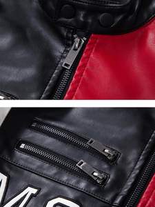 Veste en similicuir tendance pour homme, col montant, coupe ajustée, vêtements d'extérieur zippés avec lettres imprimées pour motard - Product Image 5