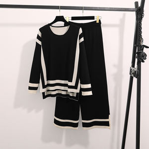 Conjunto Casual de Punto de Lana de Color Sólido y Corte Regular para Otoño, Conjunto de Pantalones Anchos y Jersey para Mujer - Product Image 3