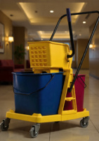 Chariot de nettoyage professionnel à double seau avec essoreuse à pression latérale pour hôtels et entretien ménager, en ABS