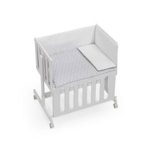Lit cododo Minana en hêtre blanc Mod. Lit bébé Star-Gray avec literie, vêtements et matelas - Product Image 1