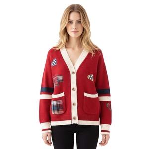 Women's Knitted Cardigan V-neck Single Button Applique Patchwork Vintage Style Full Sleeve Winter Wear Nylon/Acrylic - Product Image 4