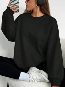 Surdimensionné noir col rond sweat femmes coton polaire pull à manches longues goutte épaule décontracté coupe ample vêtements d'hiver - Product Image 3