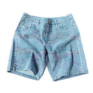 Shorts en jean de haute qualité, poids lourd, pour hommes, streetwear, coupe droite, denim moyen, broderie de logo, décoration en cristal, été, Y2K - Product Image 1