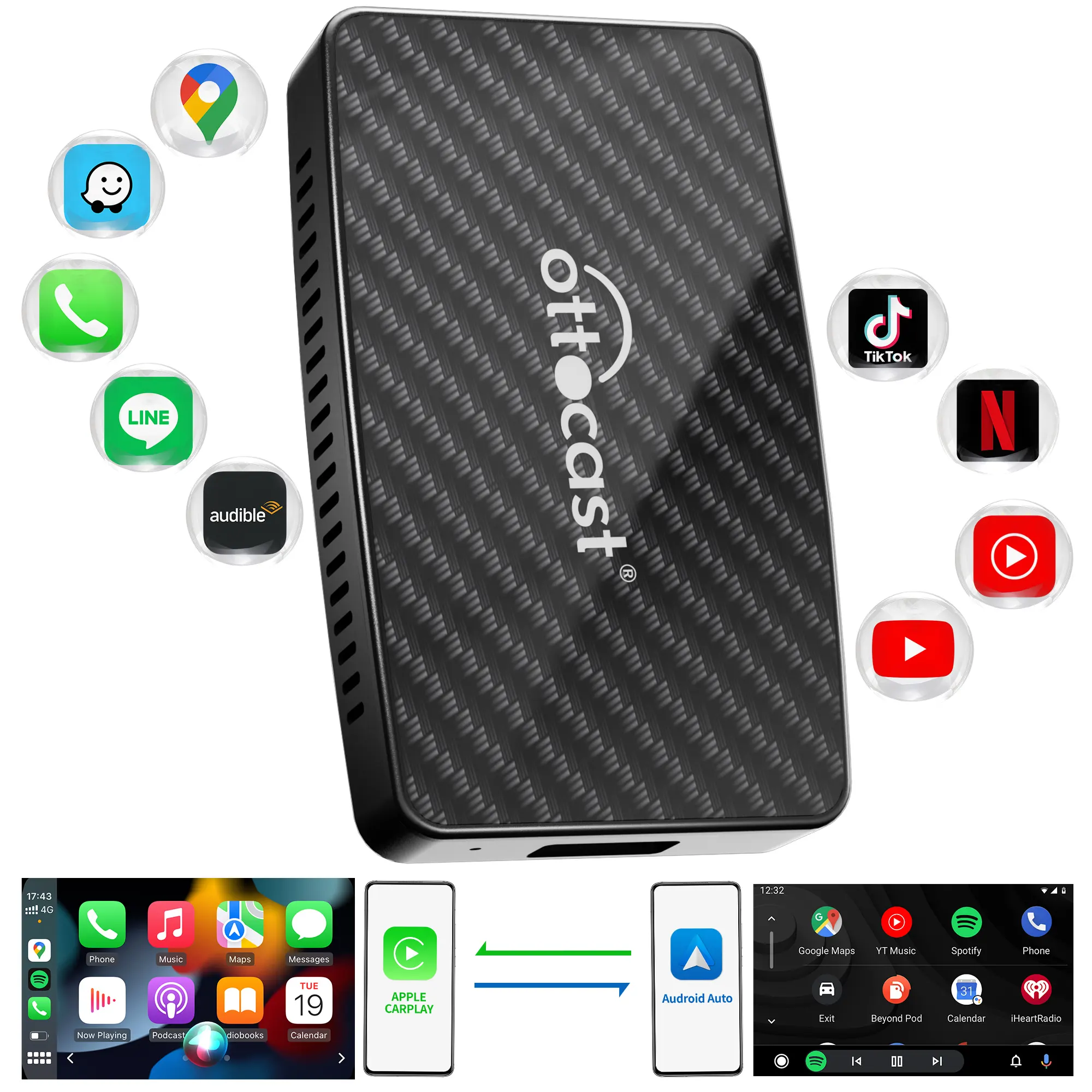 Ottocast Hot Sales Wholesale wired to wireless Connect Carplay Netflix Media Car Auto Android Box Car Play For Apple Carplay