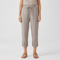 Pantalon 100% Lin Respirant en Toile Unie Tissée Décontracté d'Été Taille Haute Coupe Droite Ample Longueur Cheville avec Cordon de Serrage IT