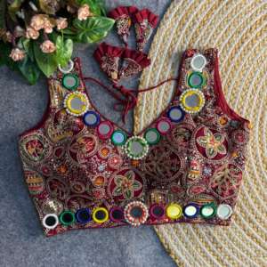 Blusa cosida bordada Pesada Estilo Navratri Premium con trabajo de espejo múltiple real y codificación para adultos logotipo frontal de boda - Product Image 1