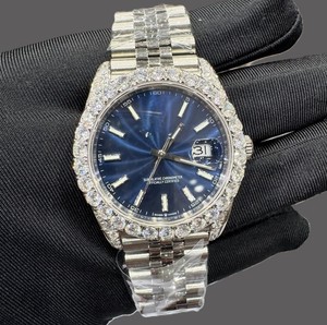 Montre pour homme tendance, cadran bleu numérique, analogique, acier inoxydable, Miyota, édition limitée, diamant moissanite, luxe, classique, hip hop, glacée - Product Image 1