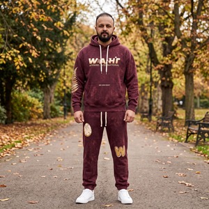 Two Piece Tracksuit Set DTG Print Acid Wash Pullover <b>Hoodie</b> Jogger 420 GSM Washed <b>Burgundy</b> Custom Logo - Product Image 3