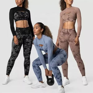 Tie Dye femmes entraînement 3 pièces vêtements de course Fitness ensembles côtelé sans couture Leggings vêtements de sport de sport soutien-gorge pantalon personnalisé en gros - Product Image 1