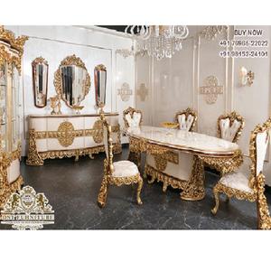 ชุดโต๊ะอาหาร6ที่นั่งขัดเงาสีทองแบบยุโรป,เฟอร์นิเจอร์ไม้แกะสลักสไตล์ฝรั่งเศสเฟอร์นิเจอร์รับประทานอาหารไม้เนื้อแข็ง - Product Image 1