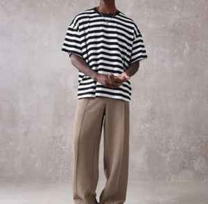 T-shirt décontracté tendance pour homme, 100% coton, col rond, coupe ample, rayé, jersey, manches courtes, mode estivale, streetwear - Product Image 1