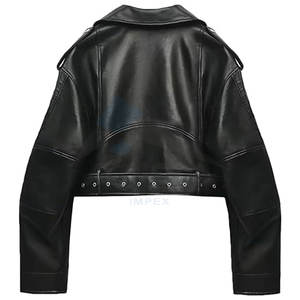 <b>Women</b> Faux <b>Leather</b> Cropped <b>Jacket</b> Lapel Zipper Biker Short Coat with Belt Stylish <b>Moto</b> Outerwear for Casual Streetwear Looks - Product Image 2