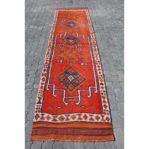 Turkish Herki <b>Runner</b> Rug 3x10.9 ft (90x332 cm), Vintage <b>Red</b> Ombr Rug - Product Image 1