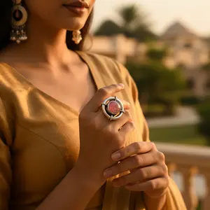 925 <b>Silver</b> Rhodochrosite <b>Statement</b> <b>Ring</b> for Women Fine Jewelry with Oval Cut Garnet Platinum & Opal Gift - Product Image 2