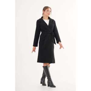 Abrigo de Cachemira Negro con Cinturón al por Mayor, Forrado con Tela Tejida - Product Image 4