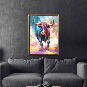 Vibrant Colorful Bull <b>Canvas</b> Art - Modern Abstract Wall Decor Print,Gold <b>Framed</b> - Product Image 1