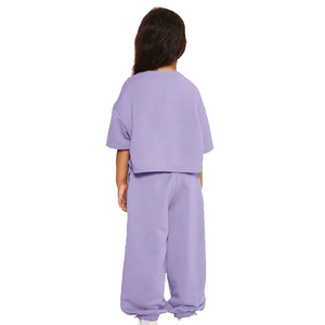 Girls Purple Crop Top & Pants Set Crew Neck Short Sleeve Loose Fit Embroidery Design All Seasons Children's Wear - Product Image 2