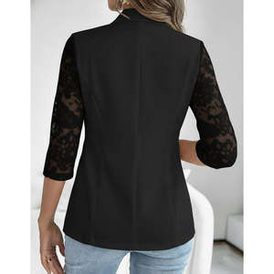 Veste en satin à manches longues pour femme, avec poignets Truvakar, boutonnée sur le devant, avec poches et dentelle, 29840 - Noir - Product Image 2