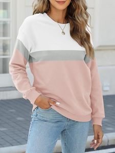 เสื้อสเวตเตอร์คอกลมแขนยาวแบบลำลองของผู้หญิงเสื้อสวมหัวเสื้อด้านหน้าระบายอากาศได้มีบล็อกสีพื้นการซักเทคนิค - Product Image 3