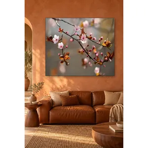กิ่งดอกพลัมสีชมพูฟิดาบนพื้นหลังที่เบลอลงบนภาพพิมพ์บนผืนผ้าใบ - Product Image 3