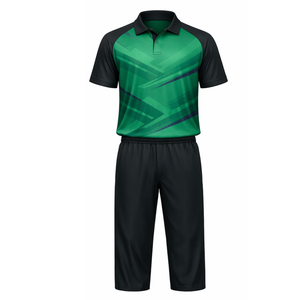 Uniforme de Cricket Verde para Hombre, Sublimado, Transpirable, con Patrón Geométrico Moderno, Jersey de Cricket y Conjunto de Pantalones Negros Profesionales - Product Image 1