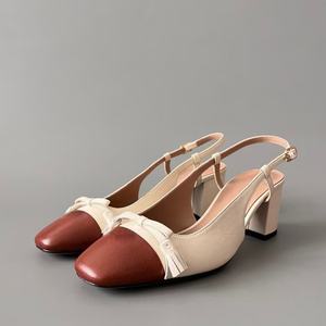 Sandalias de tacón bajo con correa trasera y hebilla metálica para mujer, diseño patchwork, punta redonda y lazo frontal, estilo slingback, ¡las más vendidas! - Product Image 5