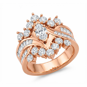 Anillo de Diamantes de Lujo en Oro Puro de 14K con Diamantes de Laboratorio en Corte Marquesa y Baguette, Anillo de Compromiso, Anillo de Fiesta para Mujer - Product Image 5