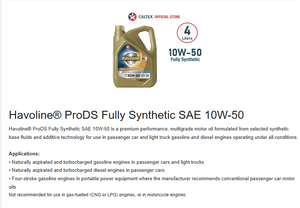 Havoline ProDS <b>Fully</b> <b>Synthetic</b> SAE 10W-50 <b>Engine</b> <b>Oil</b> High Performance 4L for Cars Advanced Protection <b>Engine</b> Lubricants Cleaners - Product Image 3